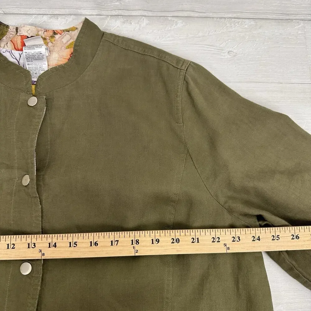 Chico's 100% Linen Jacket Plus Size 20-22‎ Reversible Floral Olive Green Pockets - Picture 14 of 16